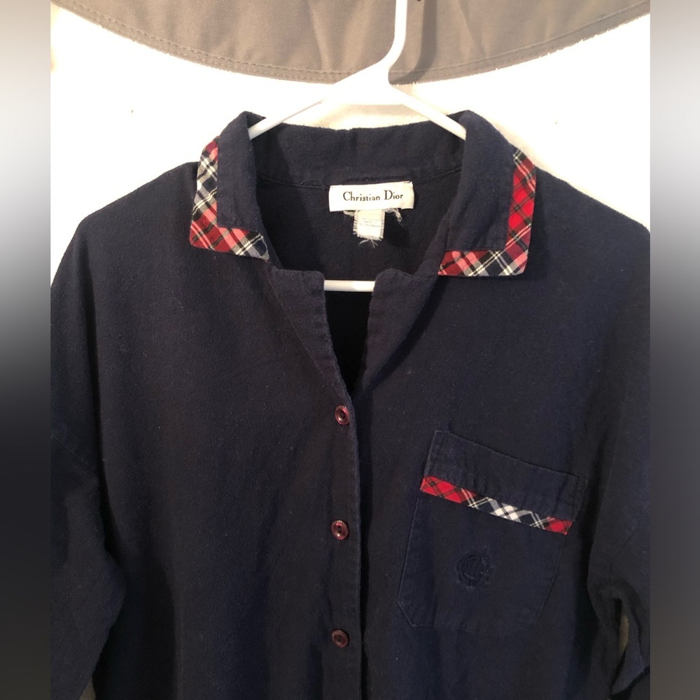 Vintage Christian Dior Plaid and Navy Sleep Shirt Gown - Picture 2 of 9